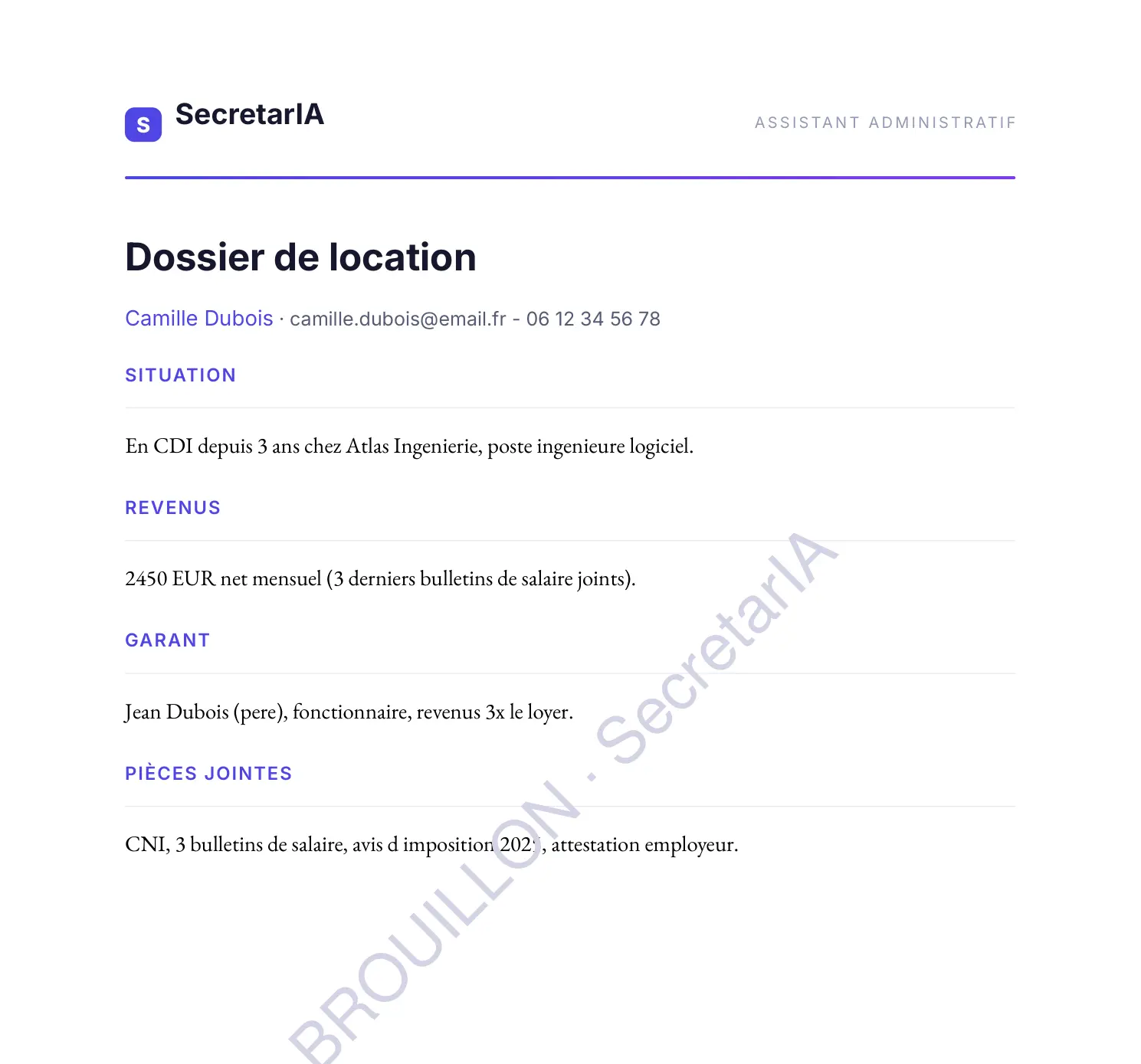 Exemple de dossier de location généré par SecretarIA, avec filigrane BROUILLON (offre Découverte)